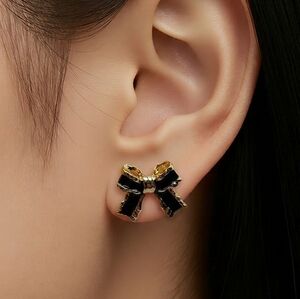 Black Gold Bow Stud Earrings Ribbon Bowknot Coquette Mini Studs Parisian Chic